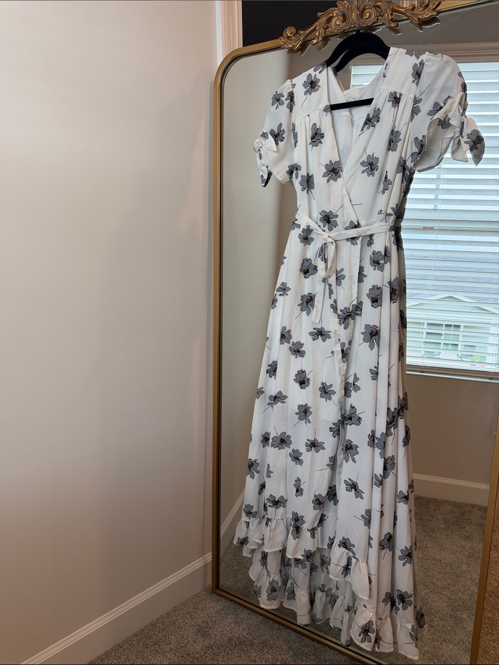 White Floral Wrap Maxi Dress with Gray Flower Print